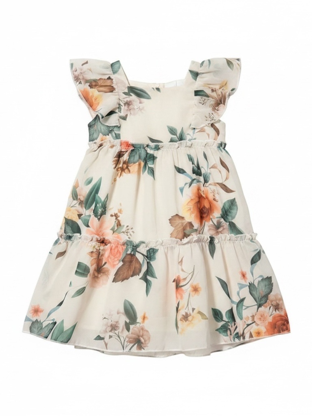 H&M Floral Tiered Dress in Cream, Peach and Green